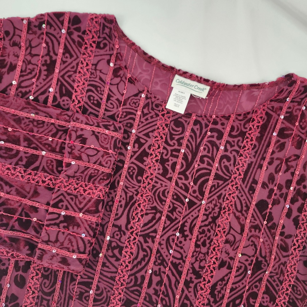 Coldwater Creek Women Burgundy Velvet Burnout Sequin Top Size 1X Holiday Evening